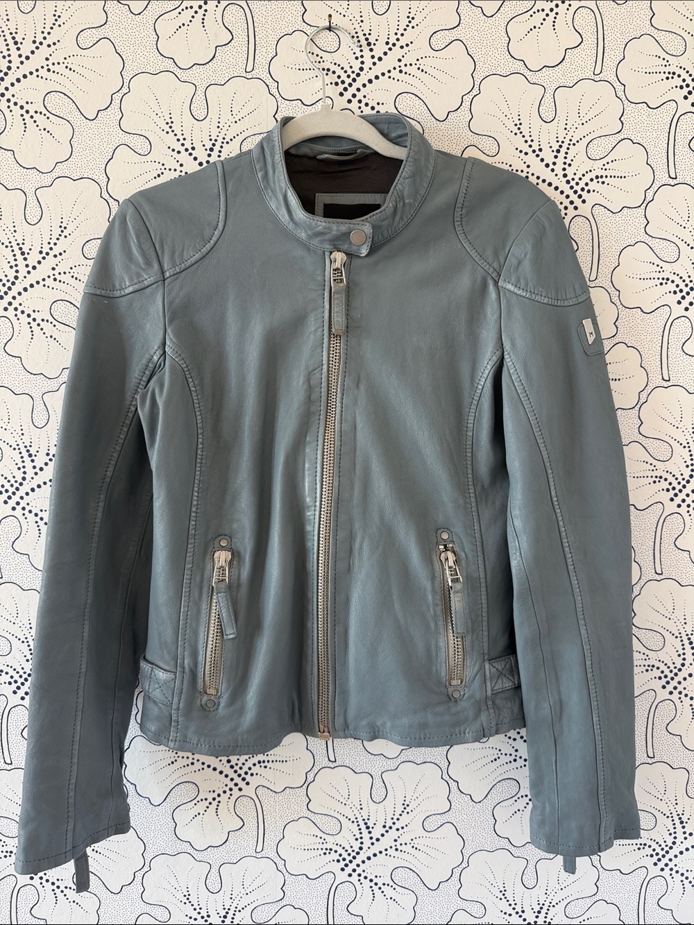 Mauri Slate Blue Leather Zip-Front Moto Jacket